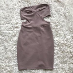 Asymmetrical strapless taupe mini dress